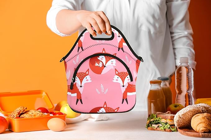 Violet Mist Neoprene Insutated Lunch Bag with Pocket Shoulder Strap Women Cute Animal Cartoon Lunch Box Resuable Waterproof Fox Pink LunchBag Tote Food Containers Gift Women Adult Work Picnic Travel