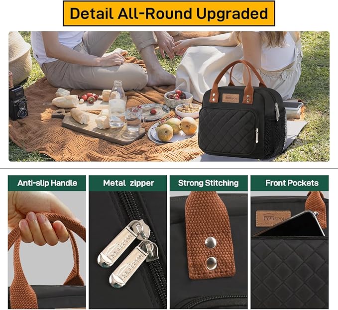 Buringer HOMESPON Lunch Bag for Woman Man Adults with Front Pocket Insulated Lunch Tote Lunch Box Container for Work Picnic or Travel (Black with Side Pockets)
