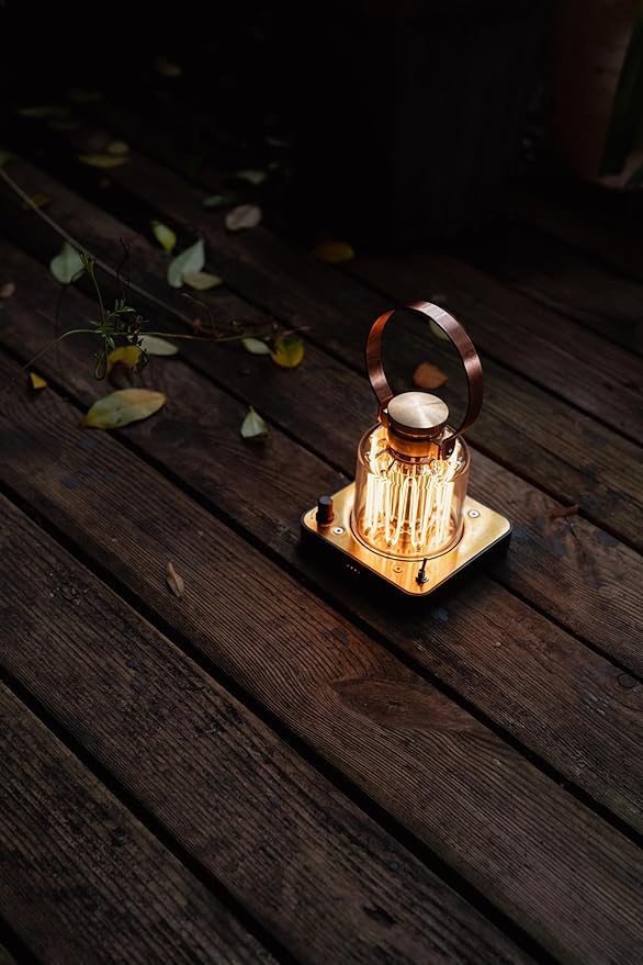 Barebones Block Tower Lantern – Rechargeable LED Lantern with Adjustable Brightness, Candle Flicker Mode, Brass & Copper Finish, Portable Light for Indoor and Outdoor Use