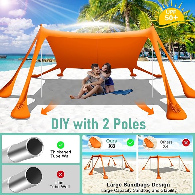 Beach Tent Sun Shelter Beach Canopy Tent Sun Shade Pop Up 10x10 UPF50+ with 8 Sandbags-2 Sand Shovel-Portable 4 Aluminum Poles-Ground Pegs-Easy Setup for Outdoor Family Camping Fishing Picnic