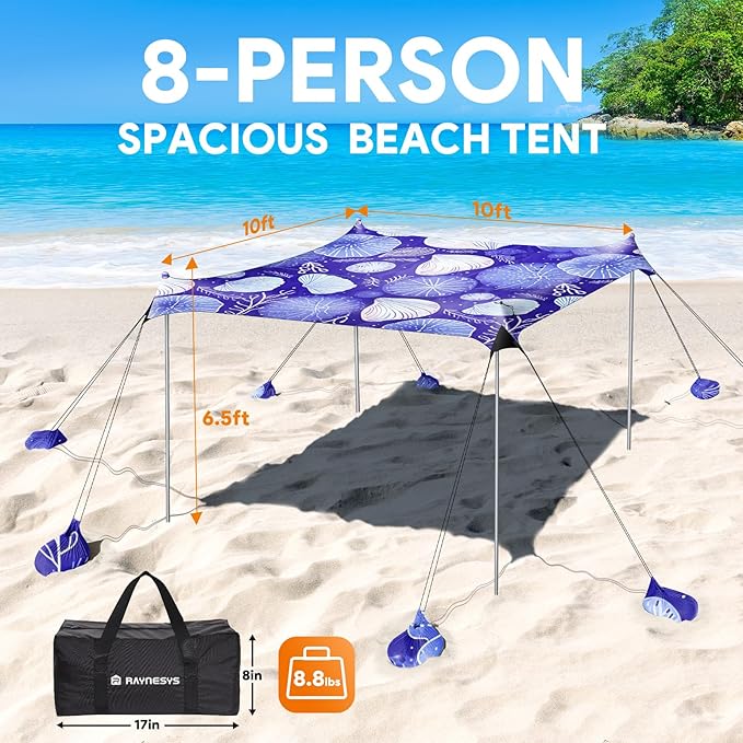 Beach Tent Sun Shelter, 10 x 10 FT Beach Canopy Tent Sun Shade, UPF50+ Beach Tent Canopy with 8 Sandbags & 4 Stability Poles, Outdoor Beach Tent for Beach Camping Fishing, Jellyfish