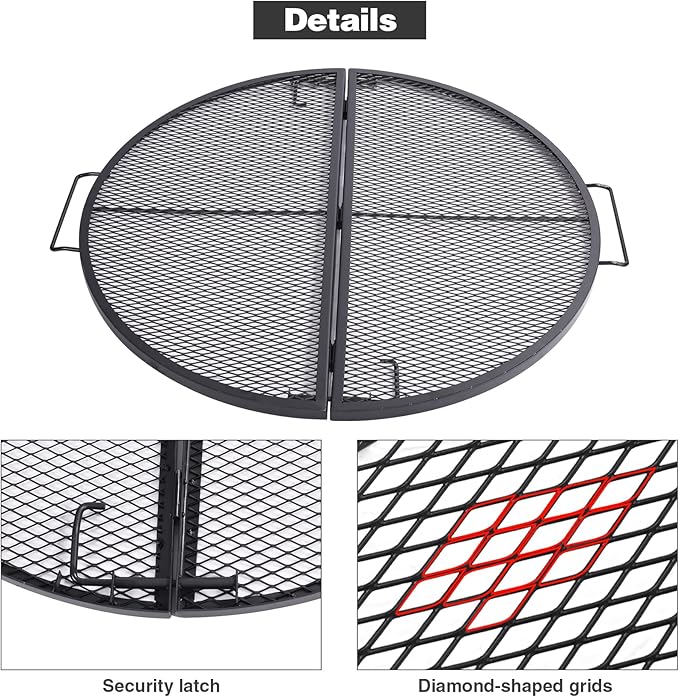 Lineslife X-Marks Fire Pit Cooking Grill Grates Portable, Heavy Duty Folding Round Campfire Grill Grate, Firepit Grill Grate with Handles for Outdoor BBQ Picnic, Black 30 Inch