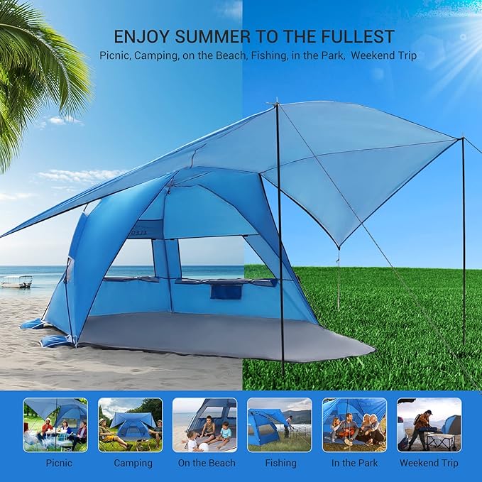 Elegear Beach Tent With 360 Removable Canopy, 4-6 Person Pop Up Sun Shade Shelter, UPF 50+ Automated Installation Double Silver Coating Portable Lightweight Cabana