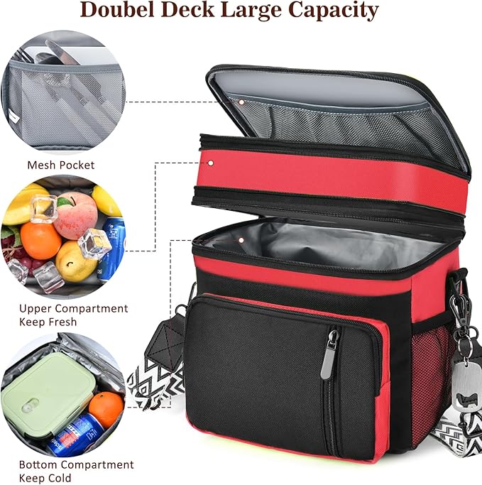 LOKASS Lunch Box for Women/Men-16L-Insulated Lunch Bag, Expandable Double-layer Leakproof Cooler Bag with Upgrade Adjustable Shoulder Strap Ideal for Work/Travel/Picnics（Red&Black）