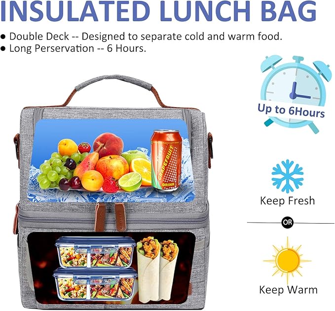 LOKASS Lunch Bag Double Deck Insulated Lunch Box Large Cooler Tote Bag with Removable Shoulder Strap Wide Open Thermal Meal Prep Lunch Organizer Box for Men/Women/Adults/Work/Outdoor, Gray