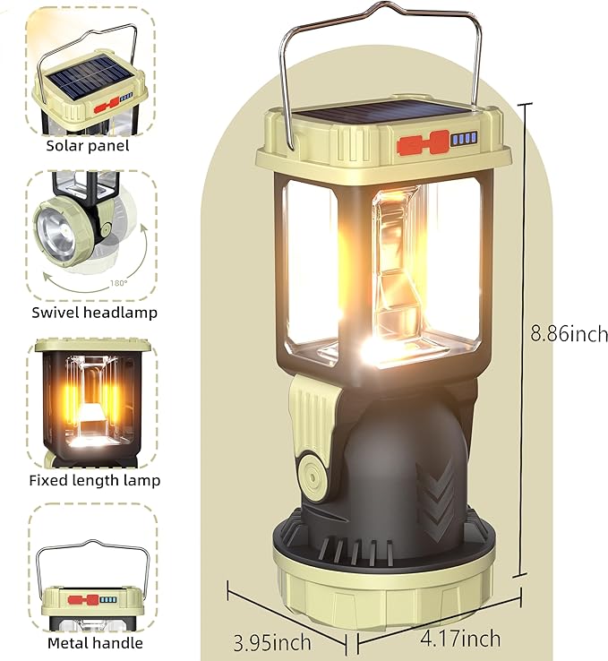 HOMY Electric Lanterns Solar Charging Gray-Green Camping Essentials LED Lights and Rechargeable Flashlight Headlight + Big Lights, 5 Light Mode Brighter Hanging Tent Lights Upgrade