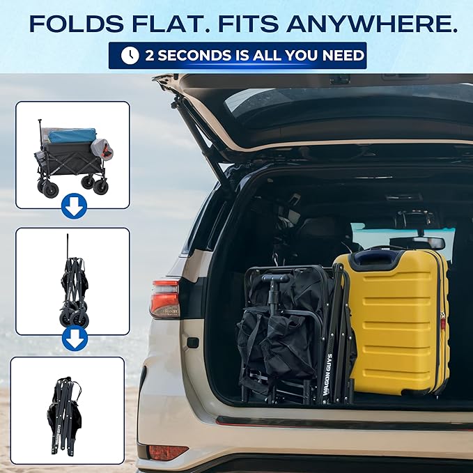 350LB Foldable Wagon Cart with Extra Large Wheels, Collapsible Wagon with Wheels, One Click Removable Tires with 2 Front Brakes for Strong Incline Hold, Extra Side Storage Pocket and 2 Cup Holders