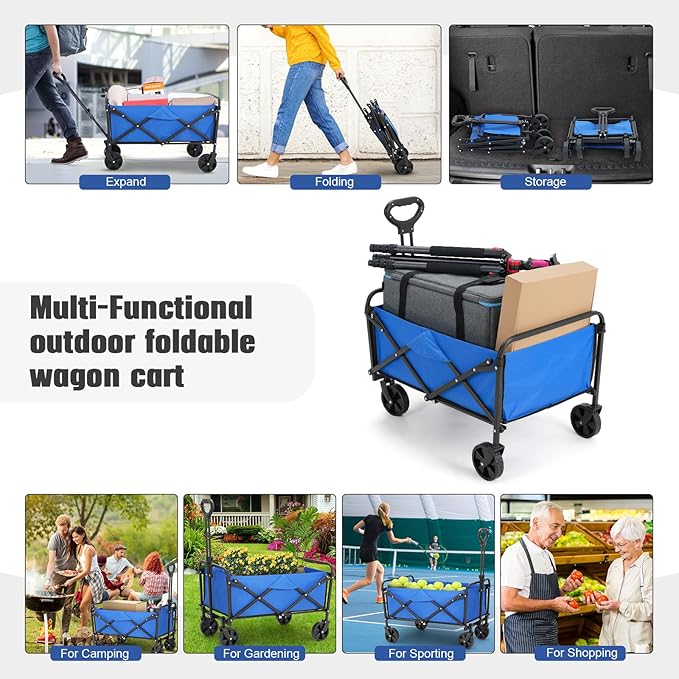 Collapsible Foldable Wagon,Wagons Carts Foldable with Wheels,Utility Grocery Folding Beach Wagon for Sand Garden Sports Shopping Outdoor(Lake Blue).