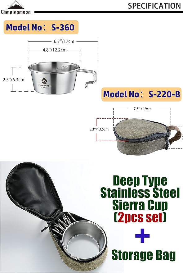 CAMPINGMOON 2pcs Set Stainless Steel Deep Type Camping Sierra Cup 450ml S-360