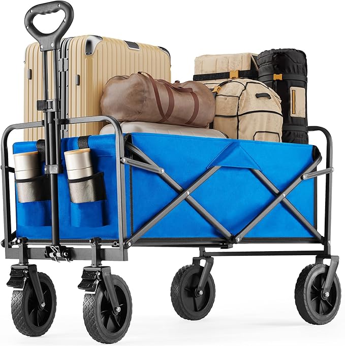 DUMOS Foldable Wagons Carts with All-Terrain Wheels, 170L & 400LBS Portable Shopping Wagon Large Capacity Utility Cart with Drink Holders, Heavy Duty Collapsible for Sand, Beach, Gardening (35IN Blue)