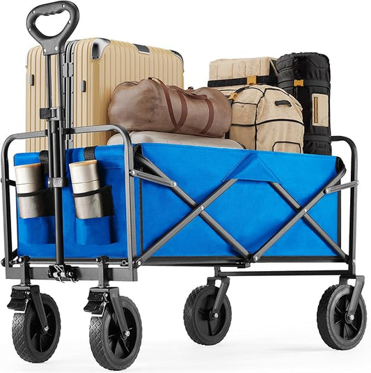 DUMOS Foldable Wagons Carts with All-Terrain Wheels, 170L & 400LBS Portable Shopping Wagon Large Capacity Utility Cart with Drink Holders, Heavy Duty Collapsible for Sand, Beach, Gardening (35IN Blue)