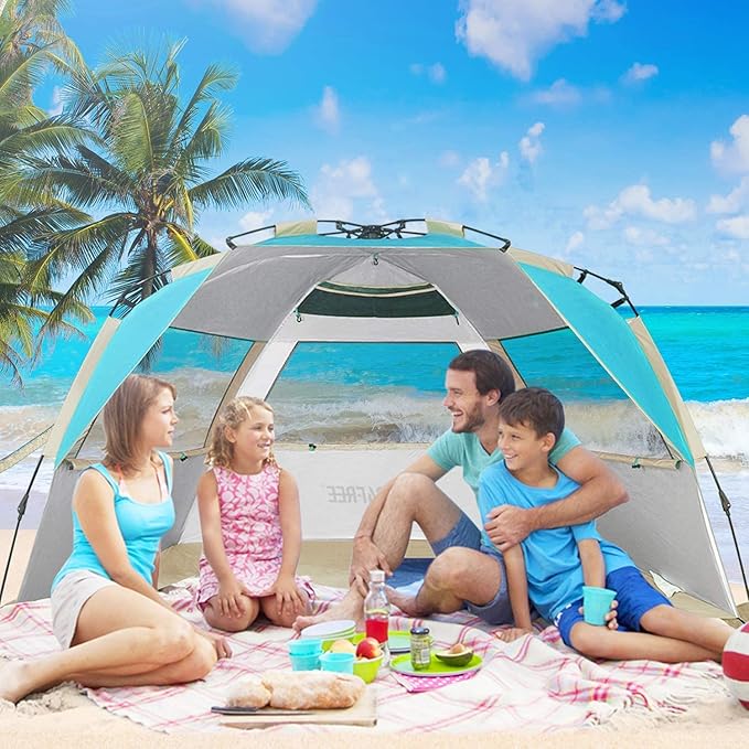 G4Free Easy Set up Beach Tent Deluxe XL, Pop up Sun Shelter for 3-4 Persons with UPF 50+ Protection Beach Shade with Extended Floor