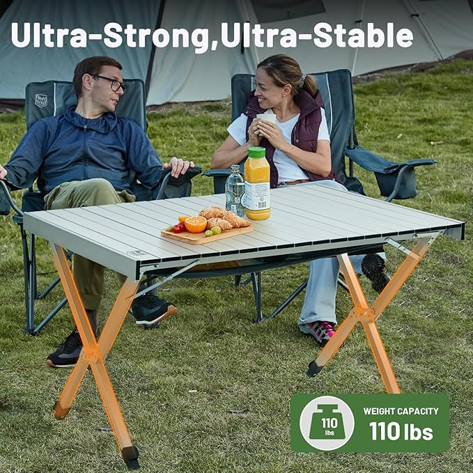 TIMBER RIDGE Folding Camping Table Adjustable Height, 4-6 Person Lightweight Aluminum Roll-up Table for Camping Outdoor Picnic BBQ Backyard Party Support 220 lbs, Silvery