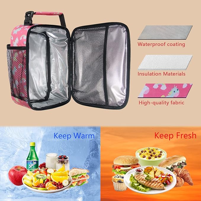 Hap Tim Lunch Box, Insulated Lunch Bags, Soft Mini Cooler Bag for Thermal Meal Tote Kit, Pink Unicorn Rainbow (18654-PKU)