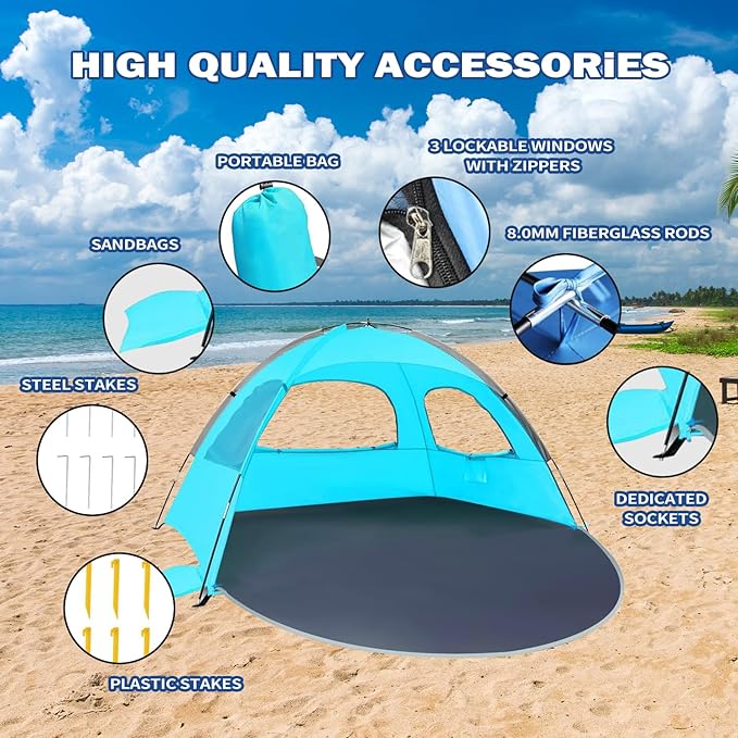Beach Tent for 3-4 People, UPF50+ Sun Shelter with Breathable 3-Way Ventilation, 8.0mm Reinforced Fiberglass Poles, Portable Shade Canopy for Beach & Camping (Green)