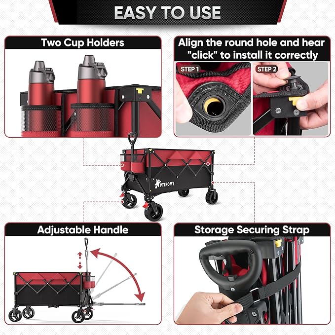 PTEROMY 150L Collapsible Wagon Cart Foldable, 360lbs Load Bearing Beach Cart Foldable Wagon for Shopping, Camping, Garden, Grocery, Outdoor (Black+Red)