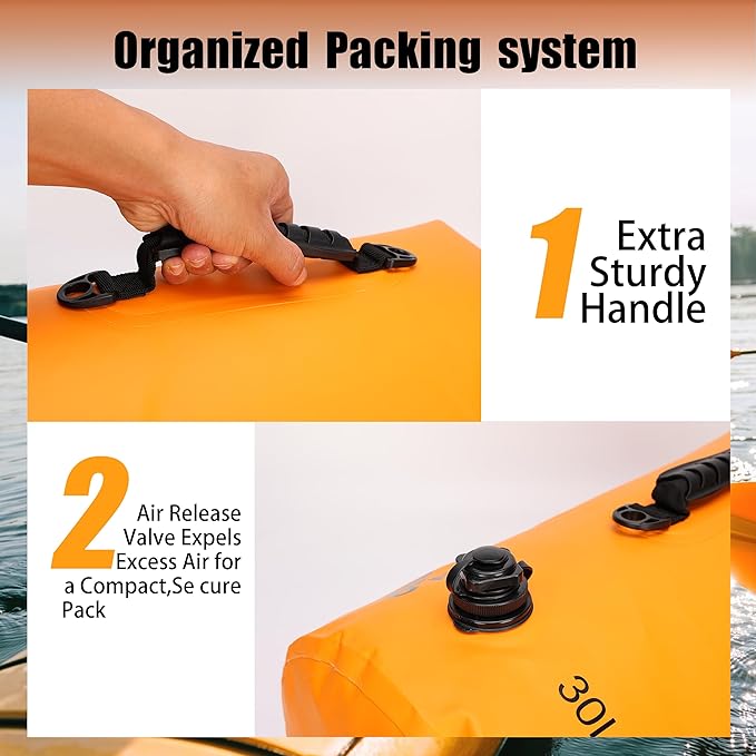 8 Fans Dry Bag Backpack Waterproof,30L Roll Top Bag with Phone Case, Perfect for Floating,Travel,Swimming,Boating,Kayaking,Camping,and Beach Activities(Air Release Valves, Orange)