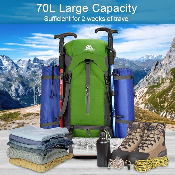 ShowyLive 70L Large Lightweight Waterproof Packable Foldable Travel Camping Hiking Outdoor Sports Backpack Daypack for Men Women, 900D Hiking Bag with Rain Cover, Grass Green