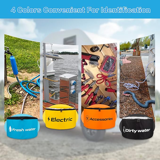 RV Sewer Hose Storage 4 Packs, Two-Way Zipper Closures and Visible Cover for RV Storage And Organization, Waterproof Accessories Bag for Garden Fresh Water Hoses Electrical Cords Camper Tools