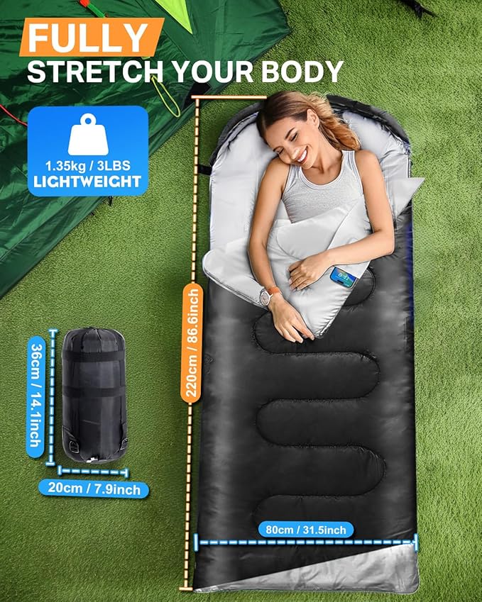 Rantizon Sleeping Bags for Adults Backpacking Lightweight Waterproof- Cold/Warm Weather Sleeping Bag for Mens Kids Boys Girls Camping Essentials Hiking Outdoor Travel Hunting with Compression Bags