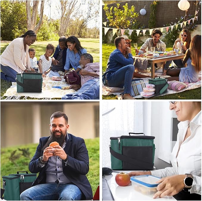 TOP&TOP Insulated Lunch Box and Cooler Bag for Men, Green, Unisex, Polyester, 13"L x 7"W x 9"H, 3 Reusable Meal Prep Containers, 2 Ice Packs, Detachable Shoulder Strap