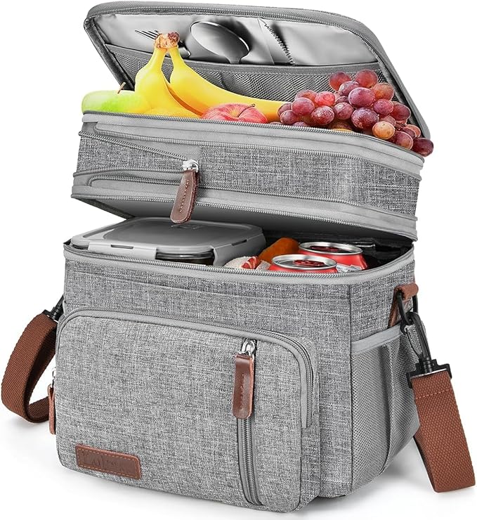 LOKASS Lunch Bag for Women/Men Work, 16L Expandable Double Deck Lunch box, Waterproof Leak-proof Cooler Bag, Portable Meal Prep Lunchbag with Adjustable Shoulder Strap-Grey