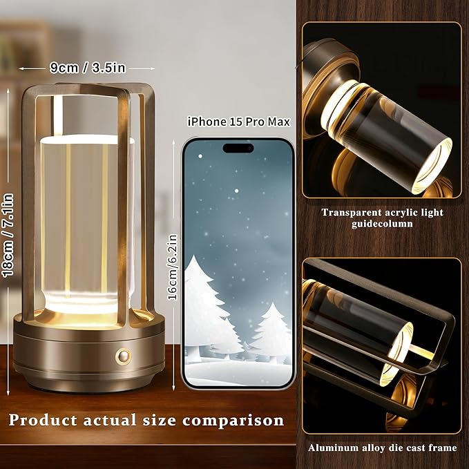 Portable Metal Table Lamp,Cordless Table Lamp, Rechargeable Battery Powered Portable LED Desk Lamp, 3 Color Stepless Dimming Touch, for Bedroom Restaurant Home Outdoor (Silver)