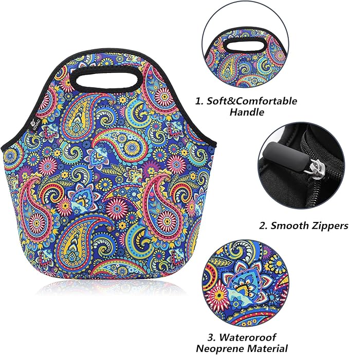 LOVAC Neoprene Lunch Bag, Thick Insulated Lunch Bag - Durable & Waterproof Lunch Tote With Zipper For Outdoor Travel Work(Retro2)