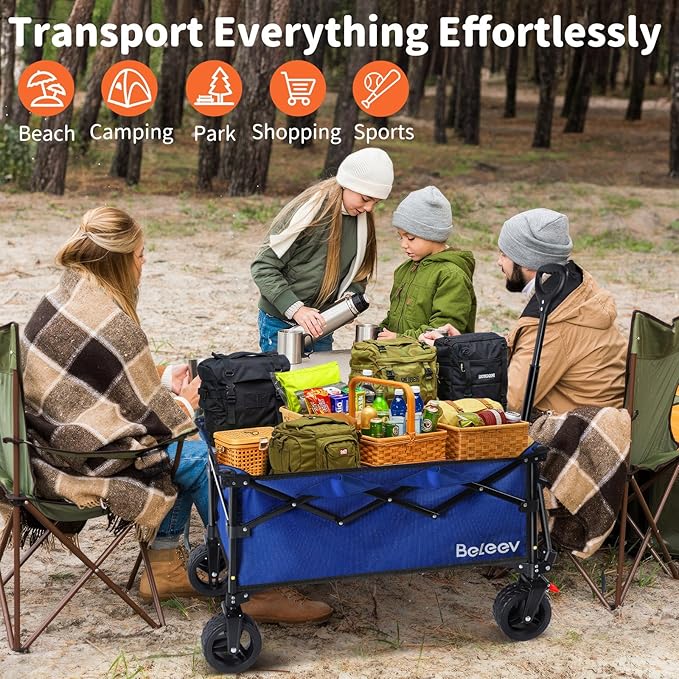 BELEEV Collapsible Wagon Cart, Heavy Duty Foldable Utility Cart with 6" All-Terrain Big Wheels, 130L Large Capacity, Side Pocket & Drink Holders for Beach Grocery Garden Camping Sports Shopping (Blue)