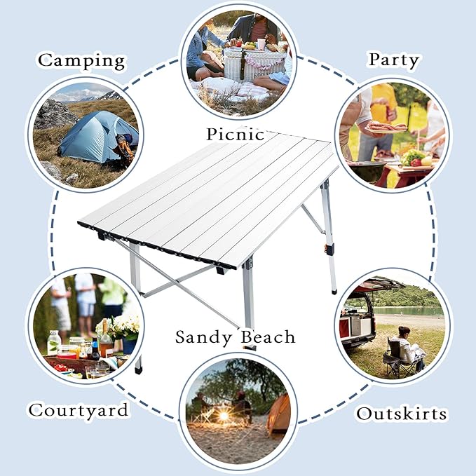 CampLand Aluminum Table Height Adjustable Folding Table Camping Outdoor Lightweight for Camping, Beach, Backyards, BBQ, Party