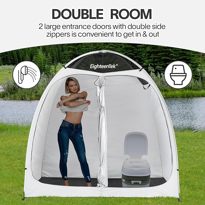 EighteenTek Shower Tent Camping, 2-Room Portable Changing Room, Outdoor Shower Enclosure, Pop Up Privacy Tent Shelter with Floor & Doors, Changing Tent, Camping Toilet, Bathroom