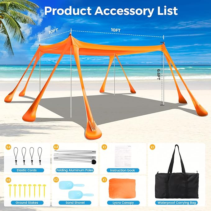 Large Beach Tent Canopy Pop Up Shade 10x10ft Sun Shelter Portable with UPF50+ UV Protection 8 Sandbags 4 Aluminum Poles 2 Sand Shovel Ground Pegs Carrying Bag for Outdoor Camping Fishing Yard Picnics