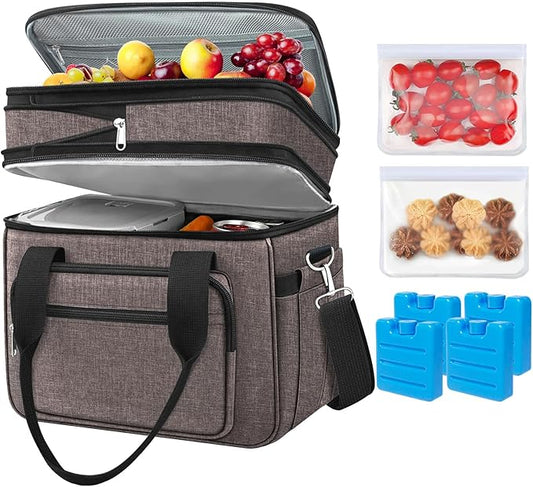 23L Extra Large Expandable Insulated Cooler Lunch Box for Men Double Deck Leakproof Heavy Duty Lunch Bag with 4 Ice Packs&2 Snack Bags for Adult/Construction/Women/Work/Picnic/Camping - Brown