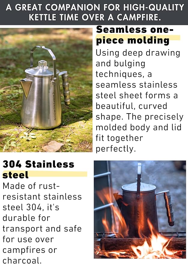 camping moon Stainless Steel Coffee Percolator Pot 1.5L (8 Cups) – Durable One-Piece Body, Gooseneck Spout & Removable Lid – Perfect for Camping & Outdoor Use SW-7