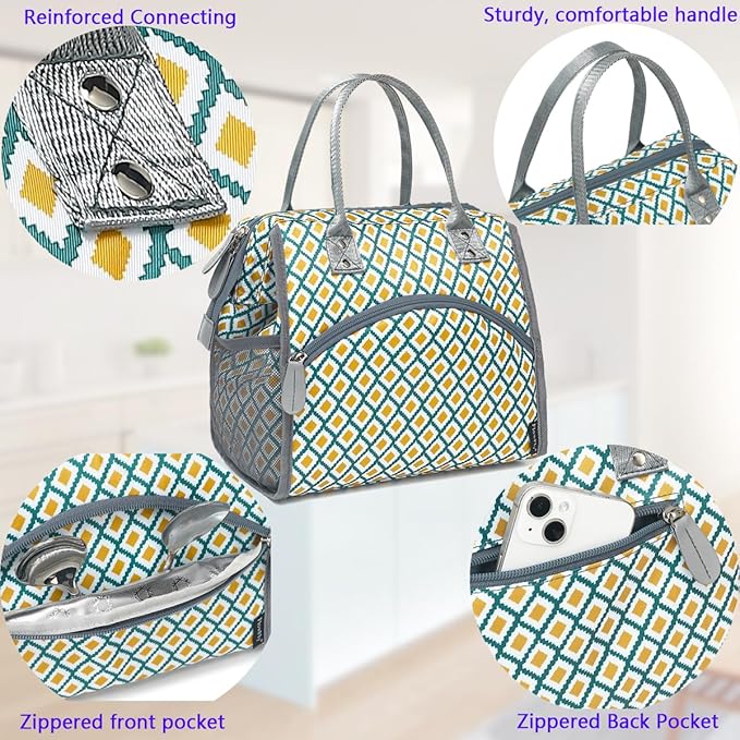 FlowFly Insulated Lunch Bag for Women, Men, Large and Reusable, Handle, Work and Travel Tote and Meal Prep Organizer, Square