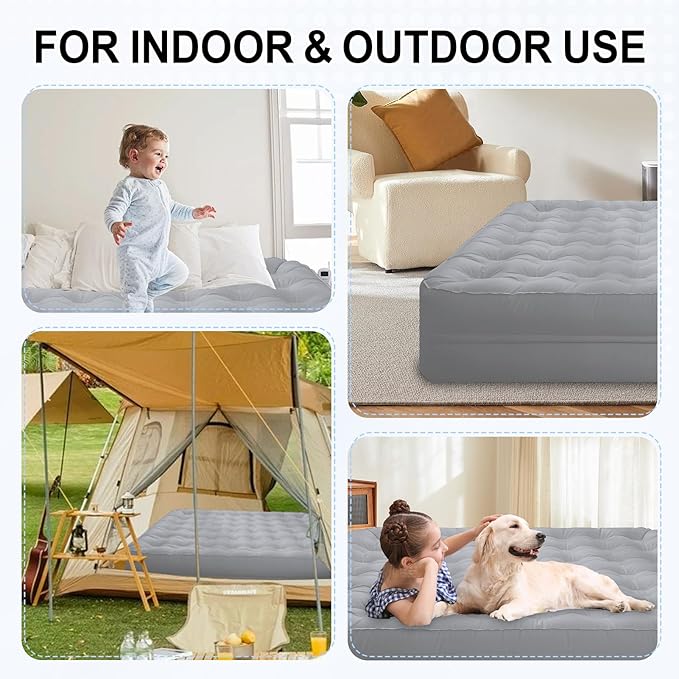 Air Mattress Queen with Built-in Rechargeable Battery Pump, Portable Camping Air Bed, Cooling Pongee Fabric Mattress for Summer Use, Foldable Inflatable Bed (18" Gray)