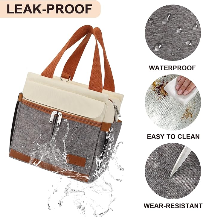 Joymee Lunch Box for Men Insulated Lunch Bag Women with Shoulder Strap Reusable Leakproof Large Spacious Lunch Cooler Tote for Women Adult with Bottle Holder and Side Pockets for Work - Brown