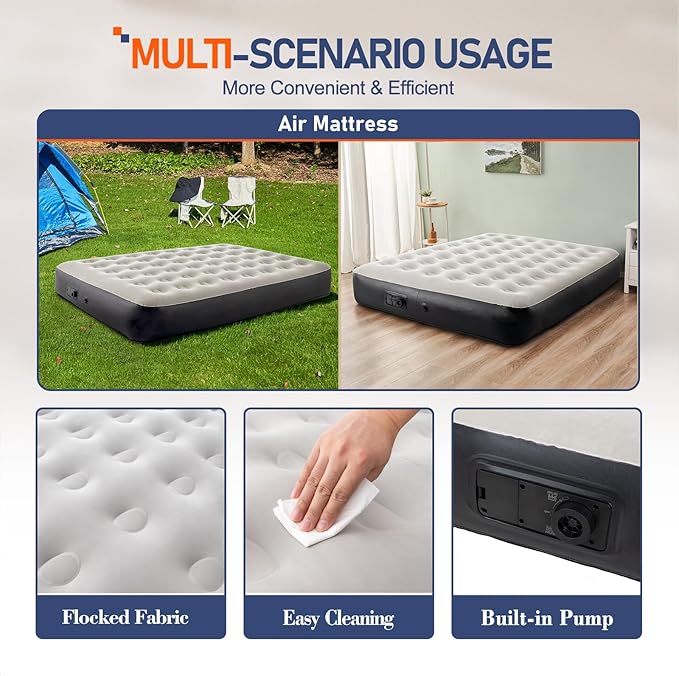 Queen Size Air Mattress with Built-in Pump, Inflatable Bed Blow Up Mattress for Camping