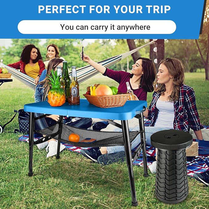 Portable Folding Table and Stool Set, Lightweight Foldable Table & Collapsible Stool for Camping Picnic Beach Fishing, Sturdy Small Outdoor Table with Mesh Layer Storage- Blue