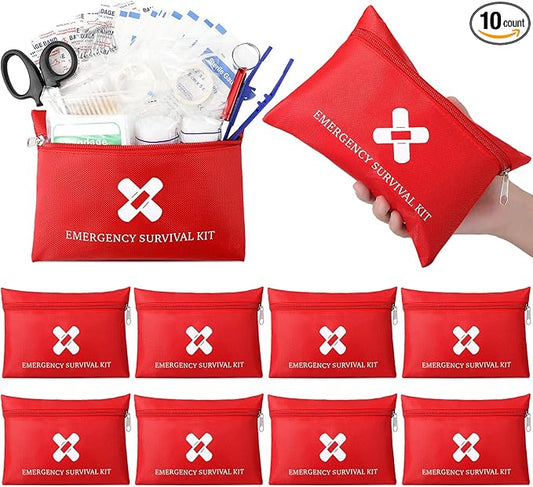 Geiserailie 10 Bags Small First Aid Kit Mini Travel Size Emergency Kit Bulk Self Care Package Supplies for Homeless Travel Sports Hiking Outdoor Backpack Essentials,10 Individual Bags of 91 Items Each