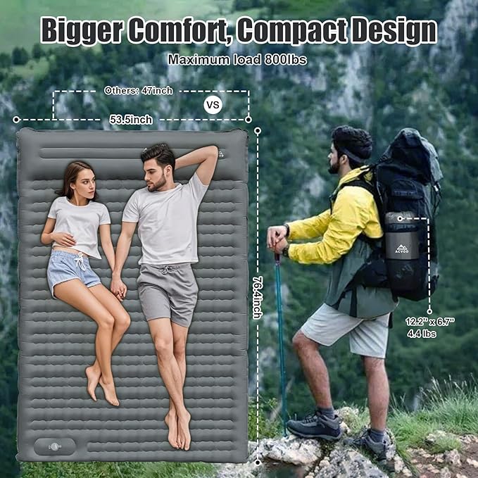 Double Sleeping Pad, Self Inflating 4.7'' Extra Thick for 2 Person Built-in Pump, Portable Camping Mattress Sleeping Mat for Backpacking Hiking Tent Travel