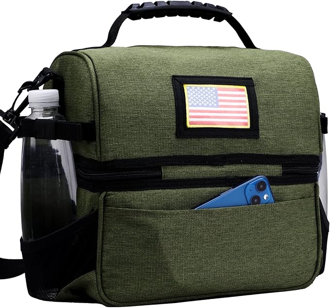 MIER Dual Compartment Lunch Bag Tote with Shoulder Strap for Men and Women Insulated Leakproof Cooler Bag, Army Green