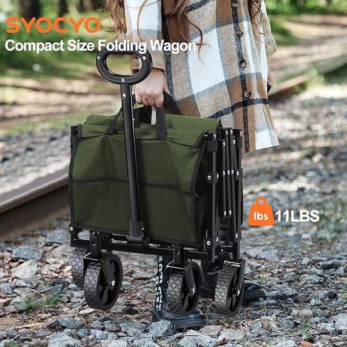 Collapsible Wagon Cart 360lbs Beach Foldable Wagon Lightweight & Portable Folding Utility Grocery Shopping Carts with Wheels for Shopping Sports Garden Camping Green