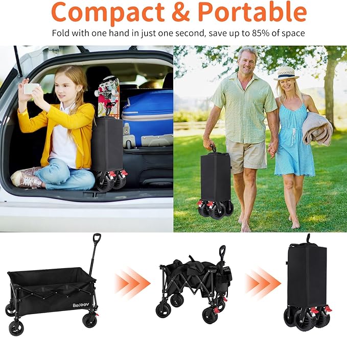BELEEV Collapsible Wagon Cart, Heavy Duty Foldable Utility Cart with 6" All-Terrain Big Wheels, 130L Large Capacity, Side Pocket & Drink Holders for Beach Grocery Garden Camping Sports Shopping(Black)