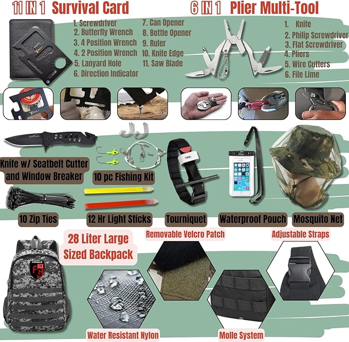 Complete Survival Kit and First Aid Kit | Tactical Backpack with Survival Gear | Bug Out Bag | Fire Starter, Tent, Emergency Camping Essentials | Outdoor Gift |
