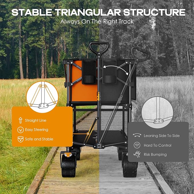 Foldable 50''L Extra Long Double Decker Wagon for Sport, 400L Collapsible Heavy Duty Wagon Cart with Big Wheels, Utility All-Terrain Large Extender Cart for Outdoors, Orange