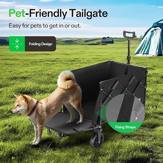 VIVOSUN Collapsible Wagon with Tailgate, 320lb Load-Bearing Outdoor Utility with All-Terrain Wheels, Adjustable Handle, Cup Holders for Camping, Shopping, Garden, Sports, Picnic, Black