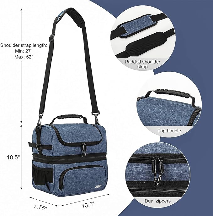 MIER Dual Compartment Lunch Bag Tote with Shoulder Strap for Men and Women Insulated Leakproof Cooler Bag, Bluesteel