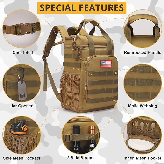 Tactical Backpack Cooler,Lunch Backpack for Men Adults Work with Handle，Soft Cooler Backpack Insulated Waterproof Leak Proof