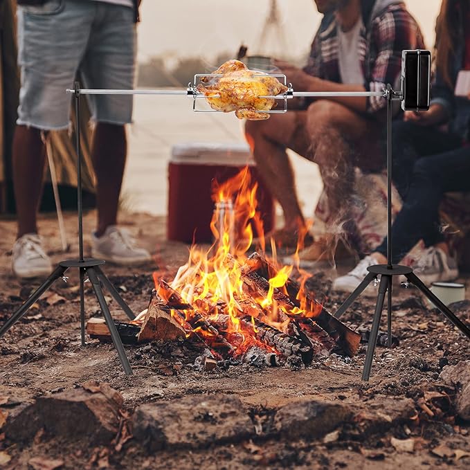 onlyfire Spit Rotisserie Outdoor Camp Grill with Support Legs for Outdoor Campfire Grilling - 35×5/16" Square Spit Rod